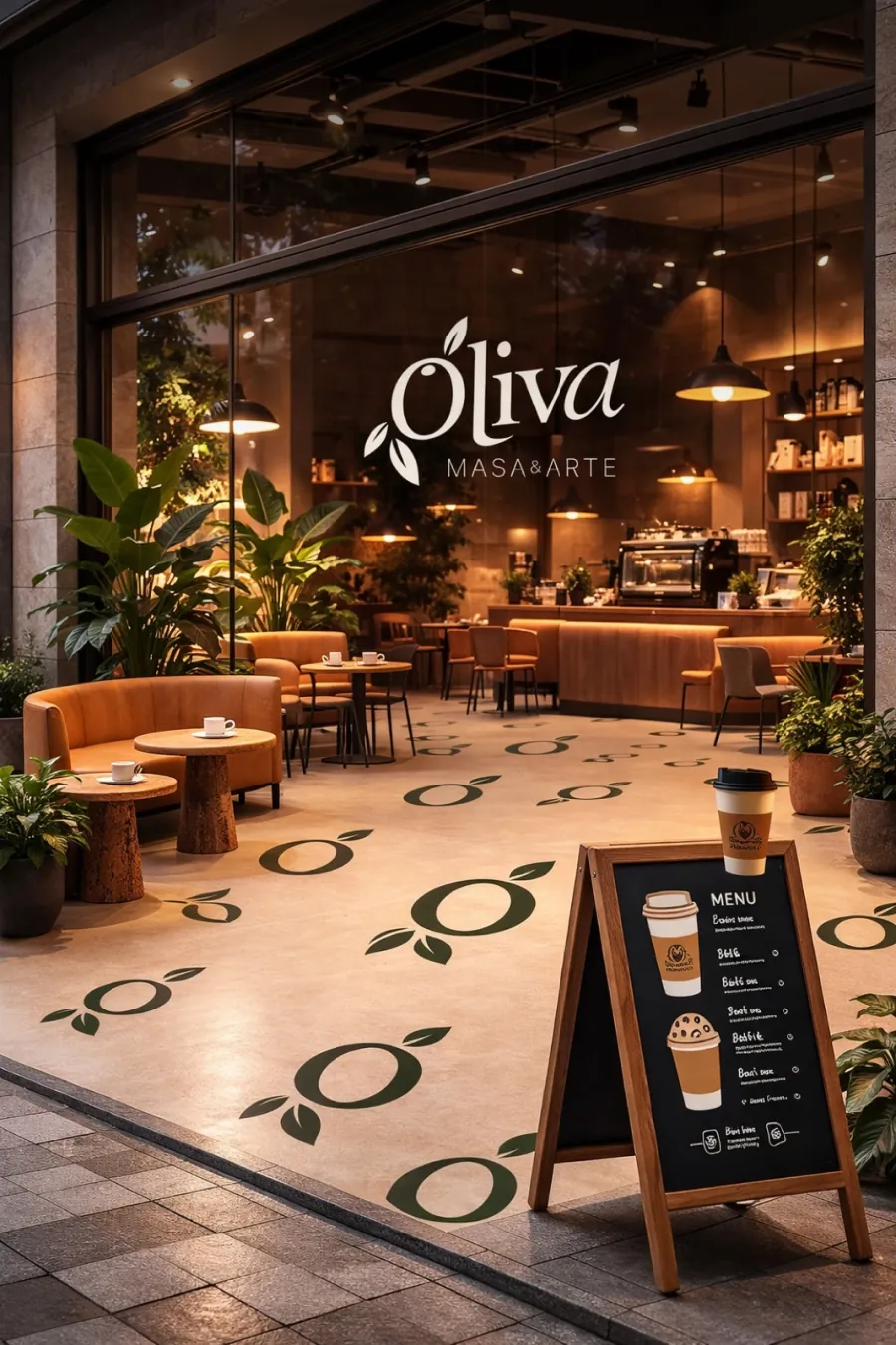 Composición de acceso cálido con plantas y señalética de Oliva.