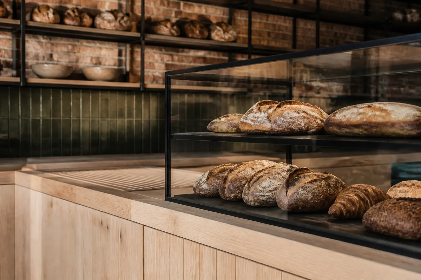 Concepto visual de una vitrina moderna de panadería con madera de pino, ladrillo y metal negro.