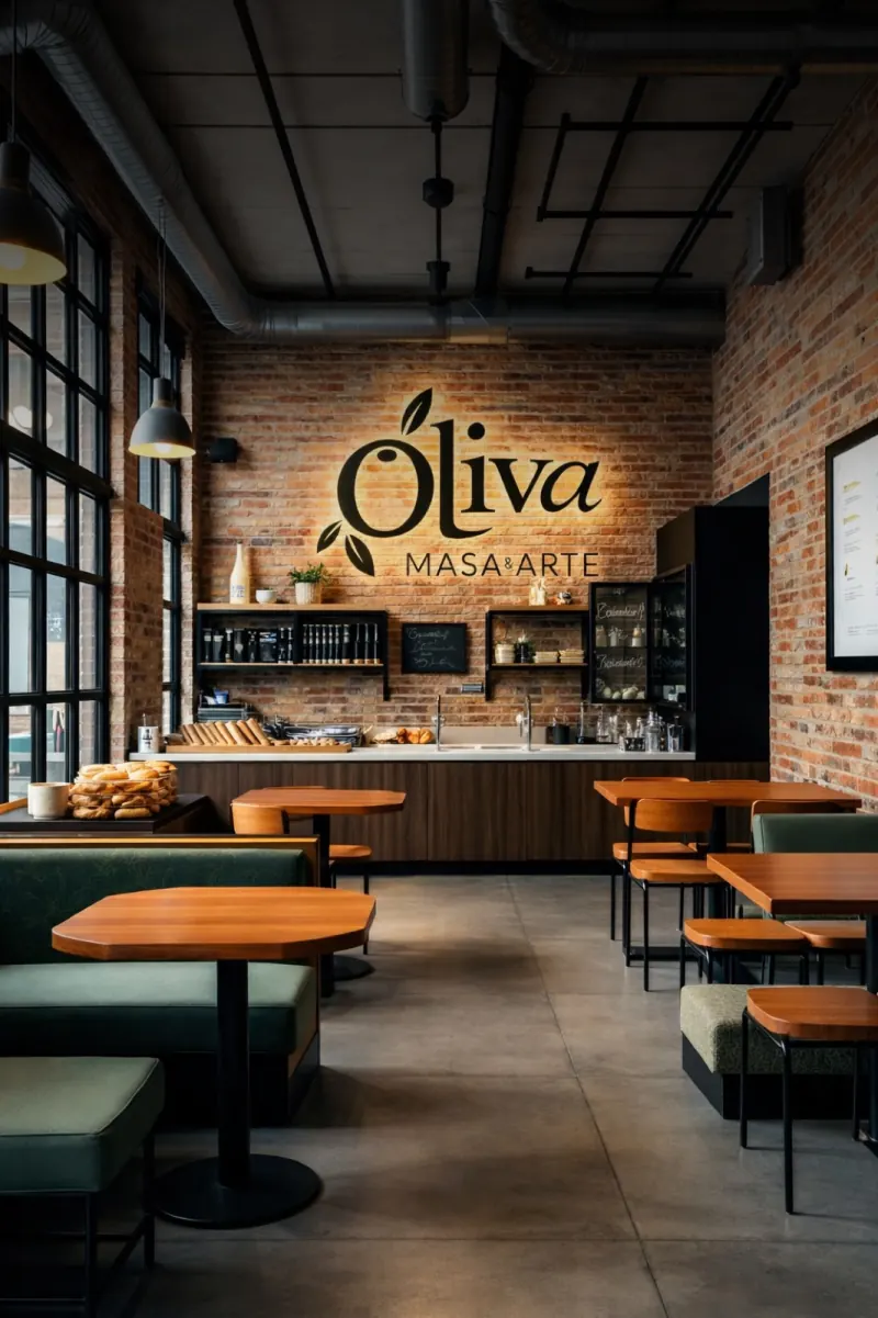 Interior con mesas, plantas y marca Oliva.