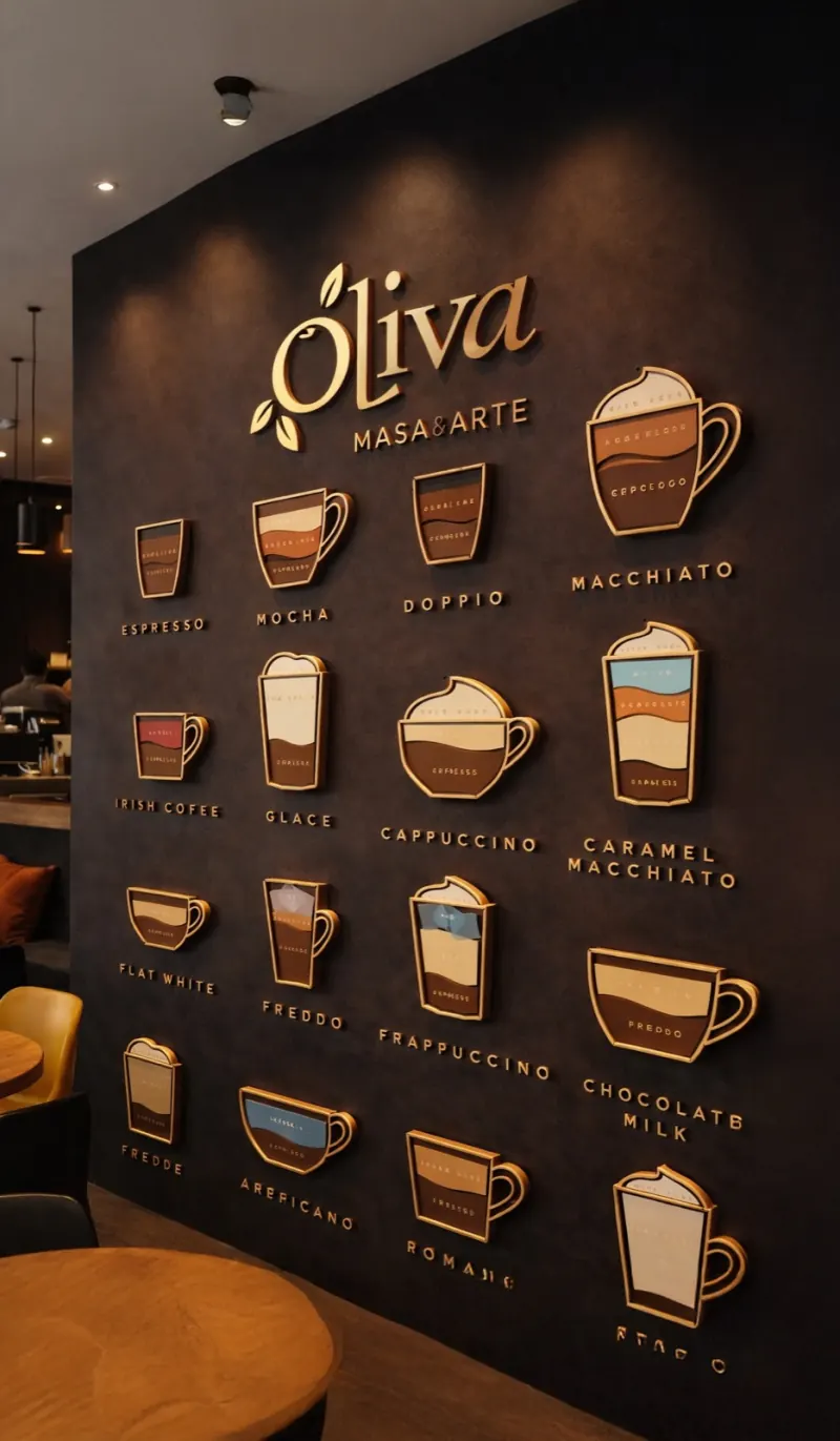 Mural interior con ilustraciones de bebidas y marca Oliva.
