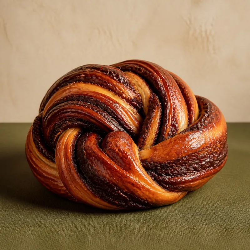 Babka artesanal trenzada con vetas de chocolate.