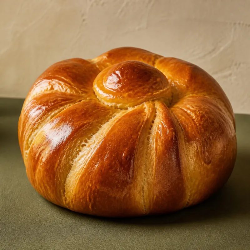 Brioche artesanal redondo de corteza brillante.