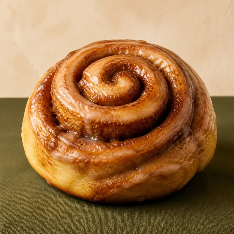 Rollito artesanal de canela con espiral caramelizada.