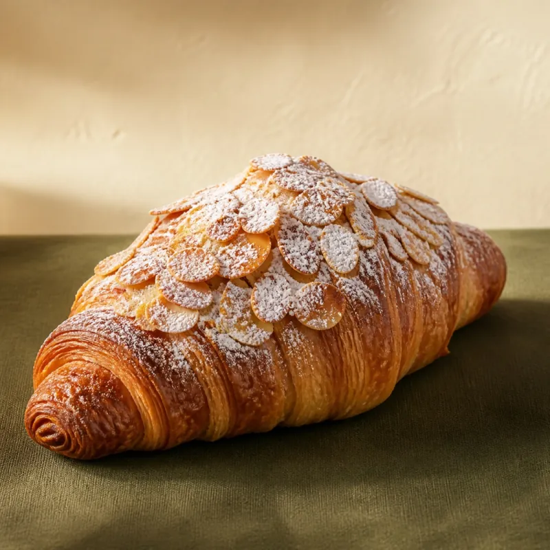 Croissant artesanal cubierto con almendras tostadas.