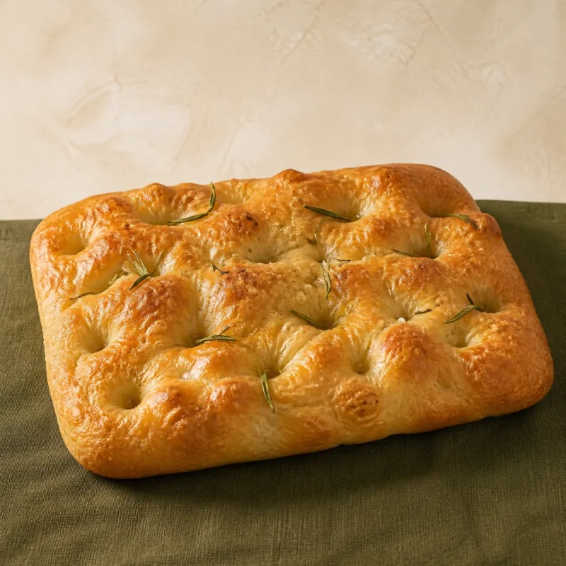 Focaccia artesanal dorada con romero.